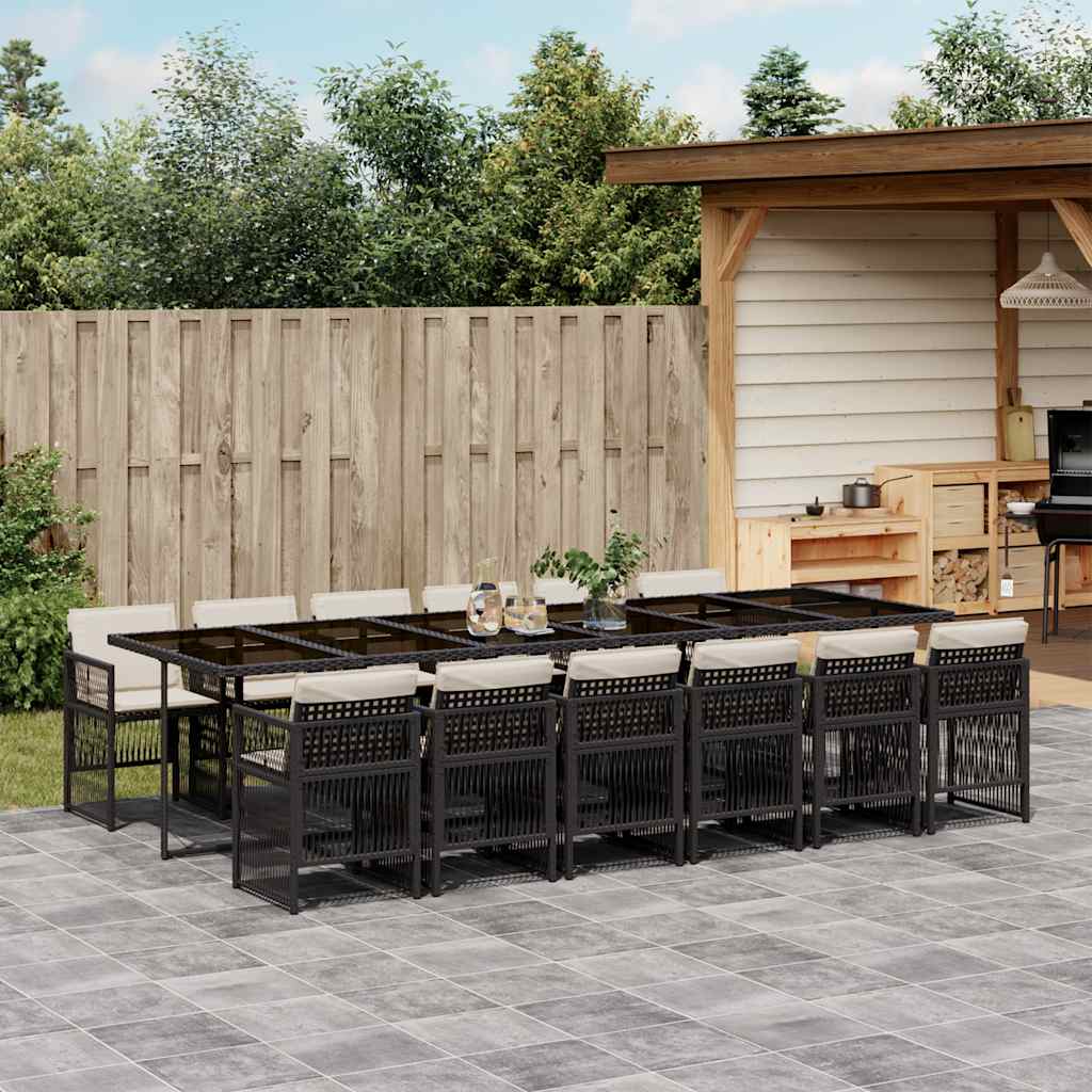 13 Piece Garden Dining Set with Cushions Poly Rattan Glass 12 pcs Black and cream