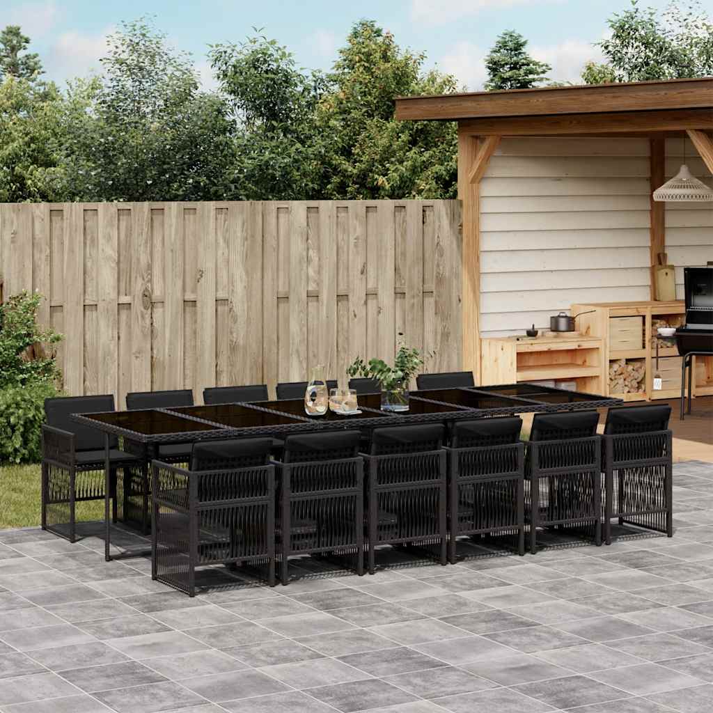 13 Piece Garden Dining Set with Cushions Poly Rattan Glass 12 pcs Black