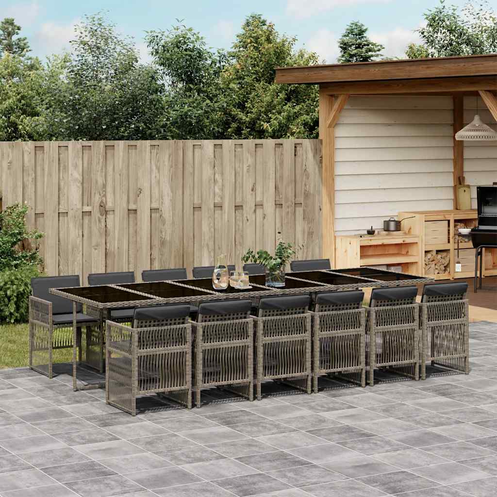 13 Piece Garden Dining Set with Cushions Poly Rattan Glass 12 pcs Grey