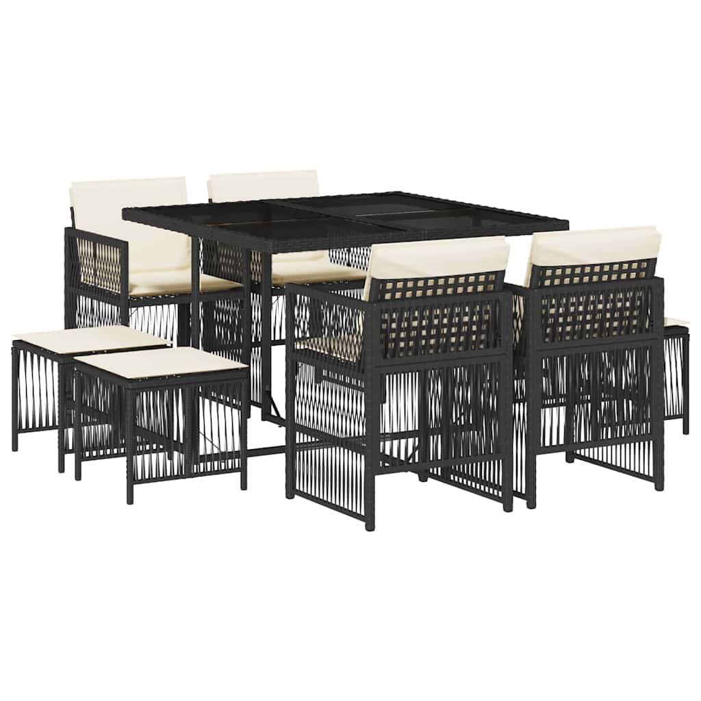 9 Piece Garden Dining Set with Cushions Poly Rattan Glass 8 pcs Black and cream