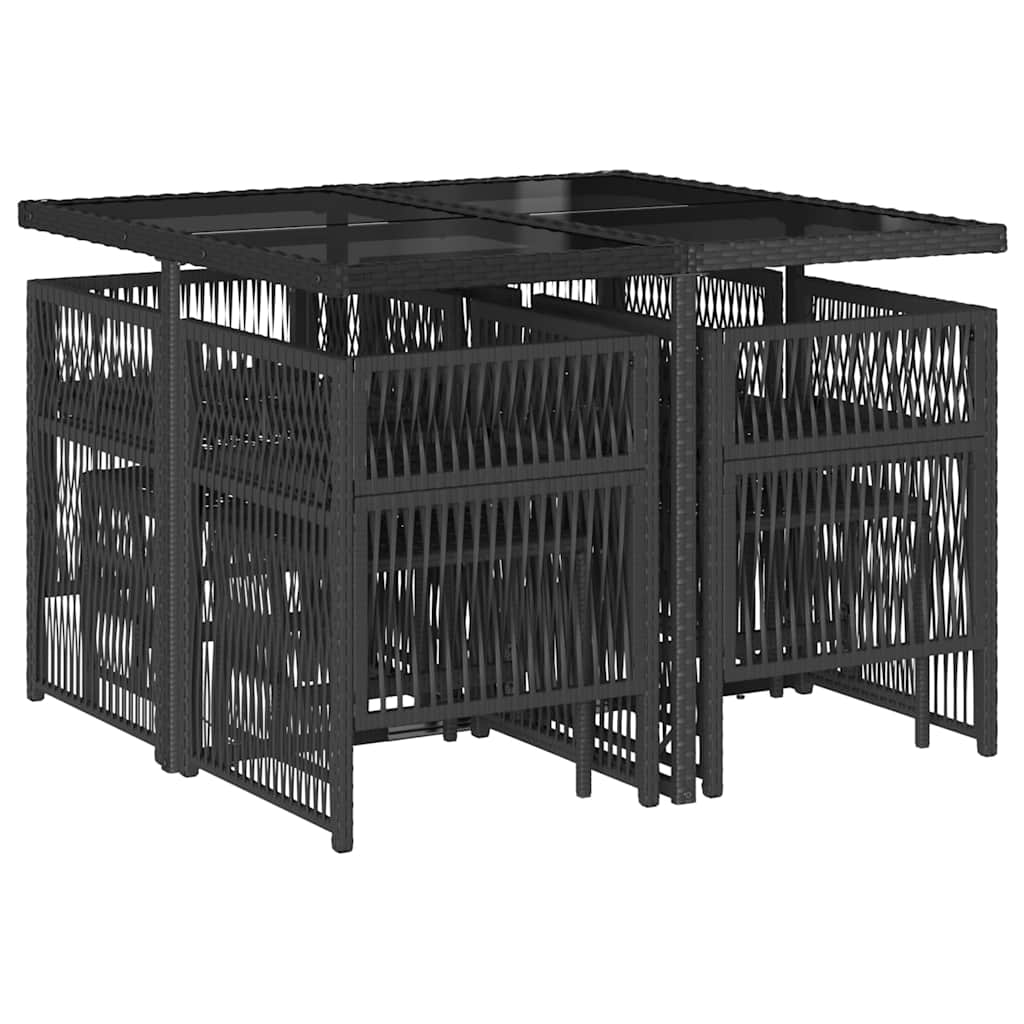 9 Piece Garden Dining Set with Cushions Poly Rattan Glass 8 pcs Black and cream