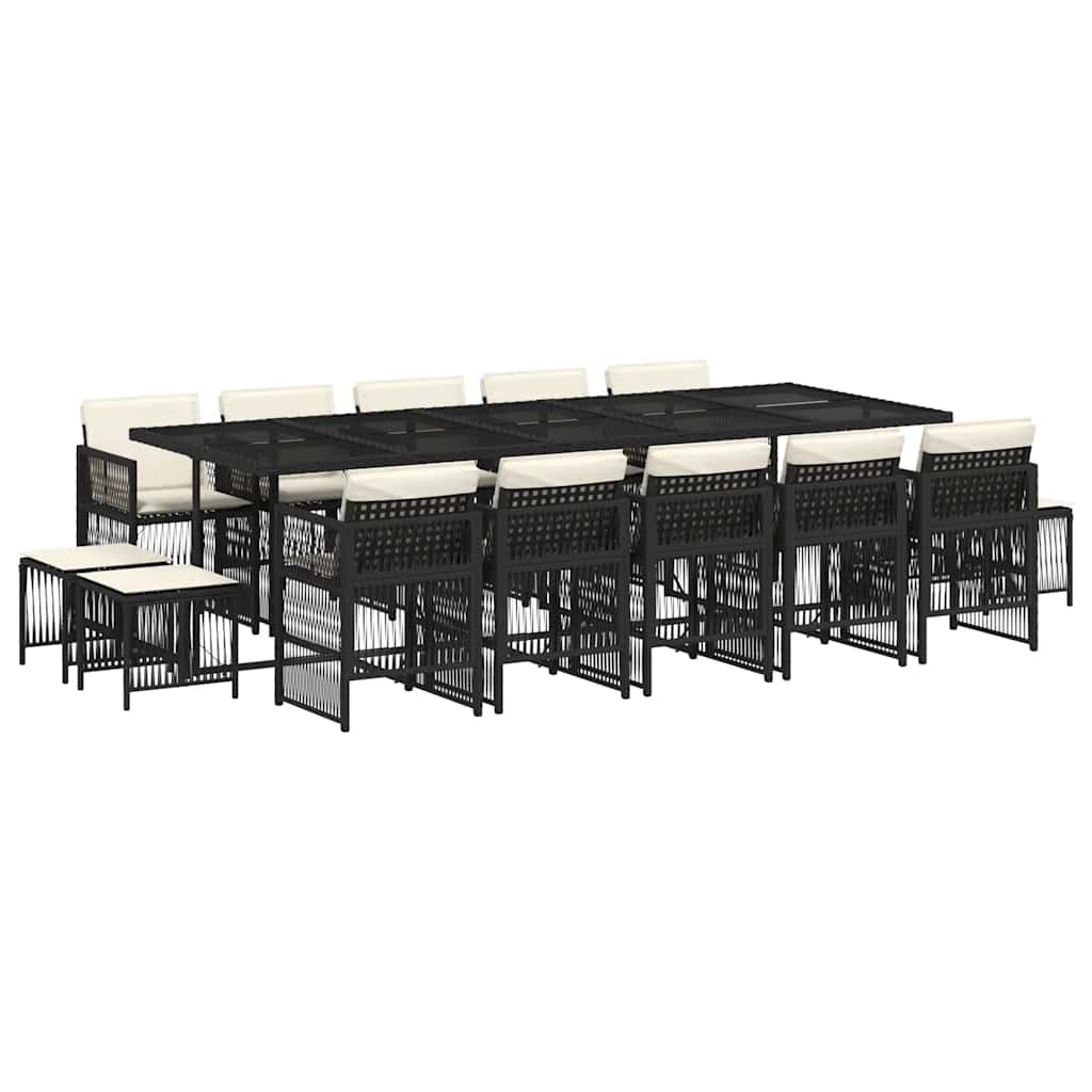 15 Piece Garden Dining Set with Cushions Poly Rattan Glass 14 pcs Black and cream