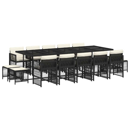 15 Piece Garden Dining Set with Cushions Poly Rattan Glass 14 pcs Black and cream