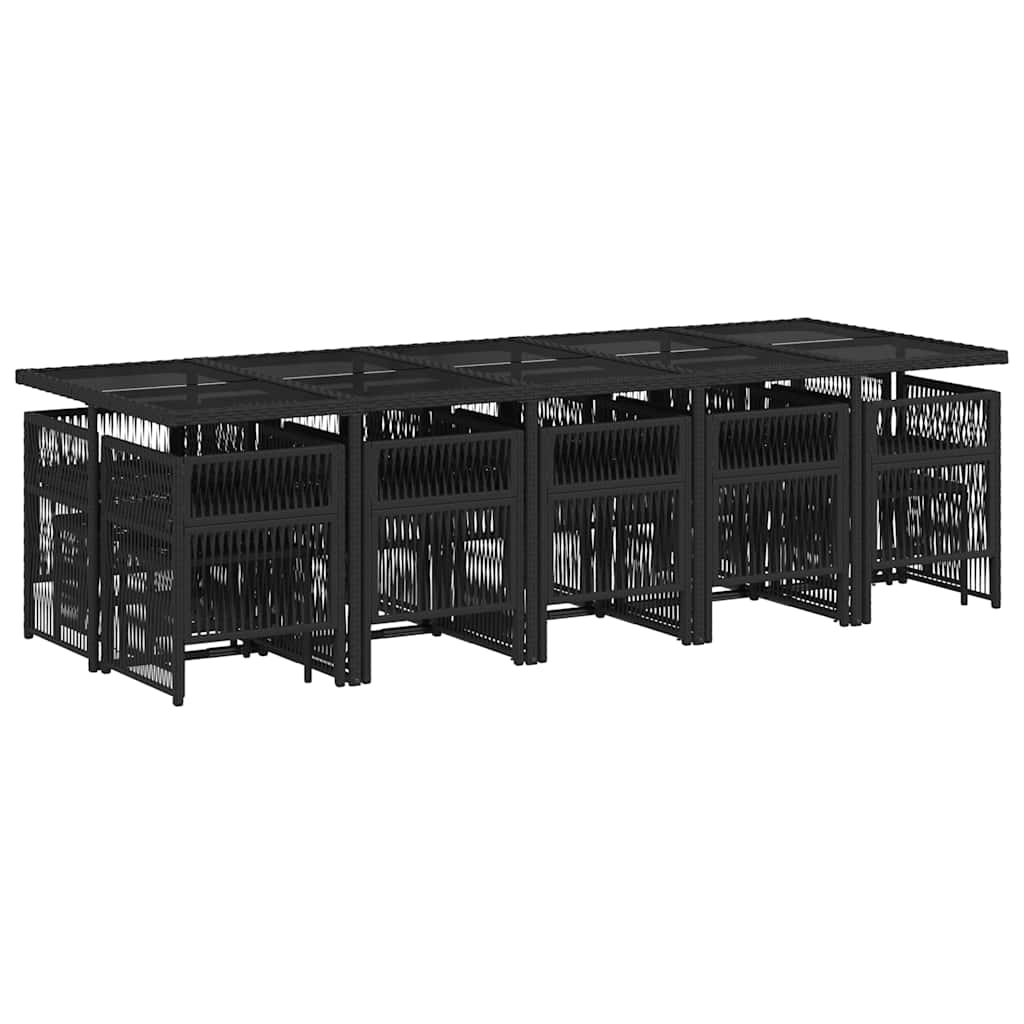 15 Piece Garden Dining Set with Cushions Poly Rattan Glass 14 pcs Black and cream