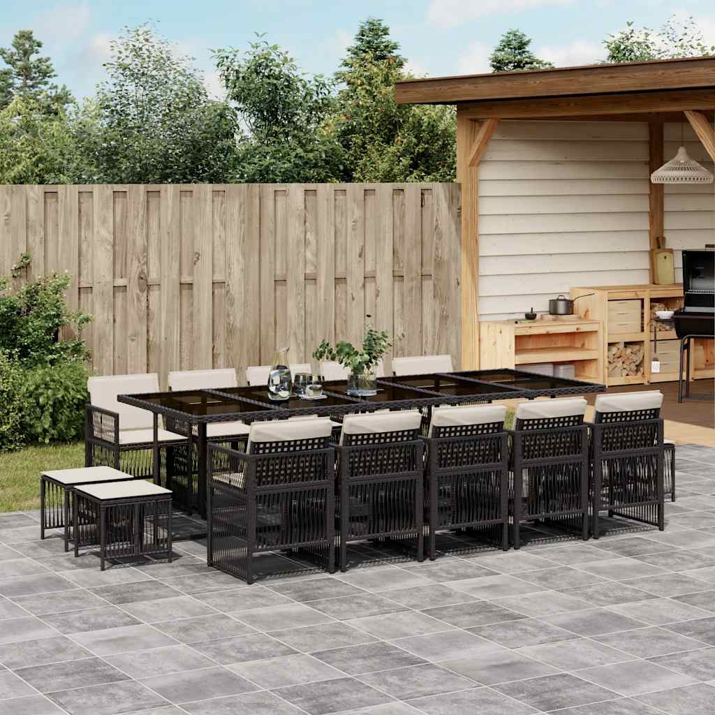 15 Piece Garden Dining Set with Cushions Poly Rattan Glass 14 pcs Black and cream