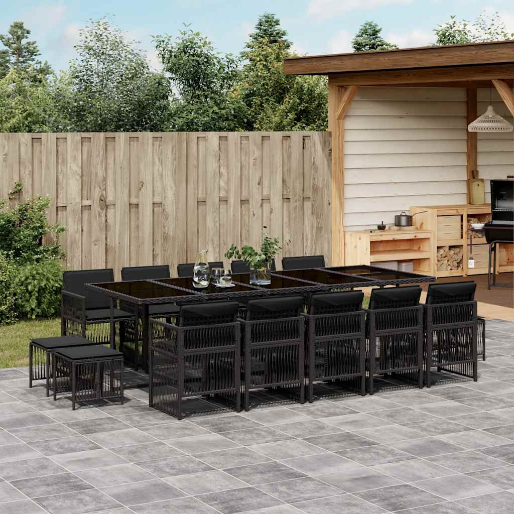 15 Piece Garden Dining Set with Cushions Poly Rattan Glass 14 pcs Black