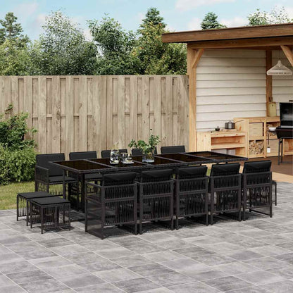 15 Piece Garden Dining Set with Cushions Poly Rattan Glass 14 pcs Black