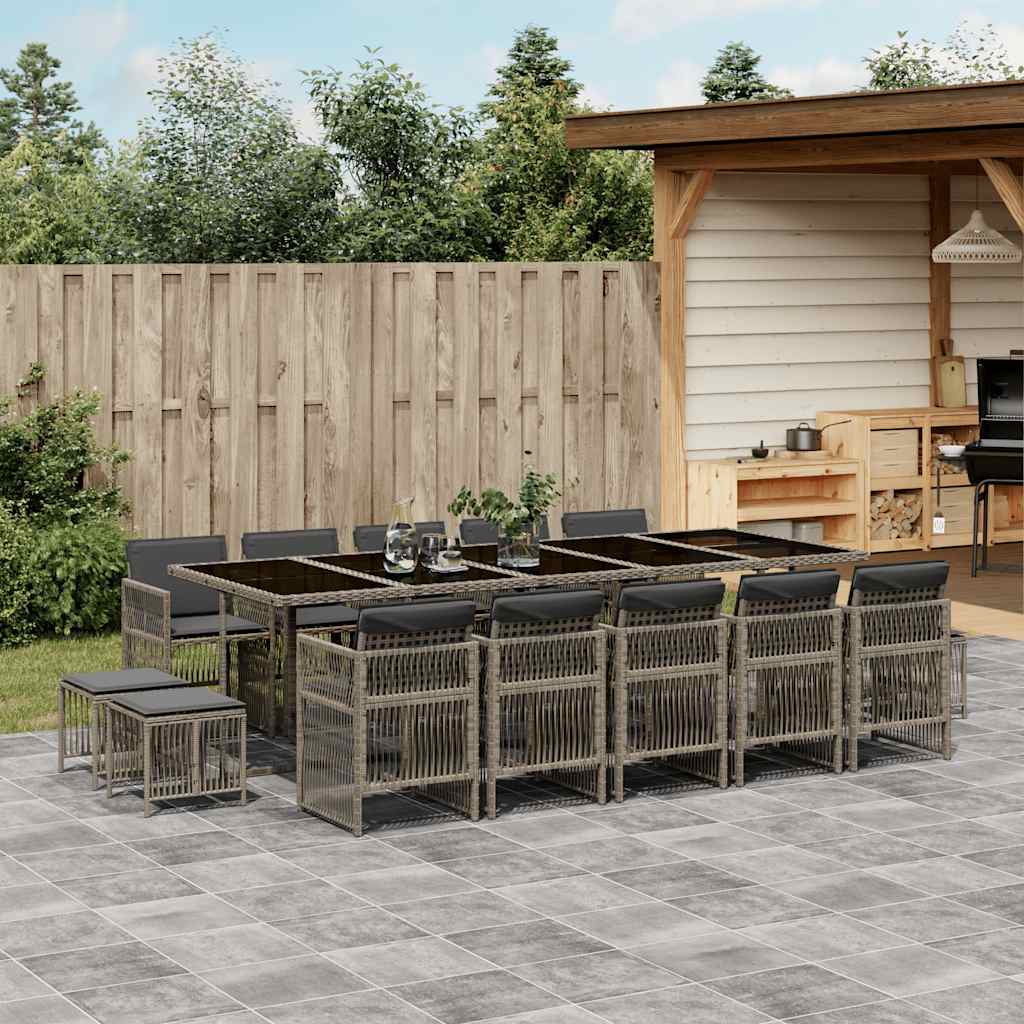 15 Piece Garden Dining Set with Cushions Poly Rattan Glass 14 pcs Grey