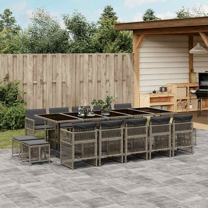 15 Piece Garden Dining Set with Cushions Poly Rattan Glass 14 pcs Grey