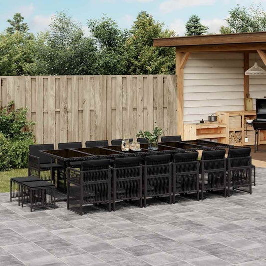 17 Piece Garden Dining Set with Cushions Poly Rattan Glass 16 pcs Black