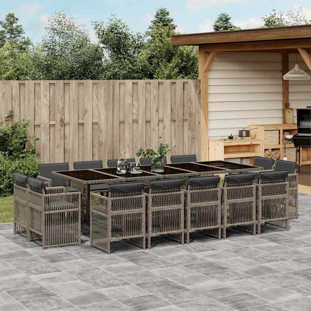 15 Piece Garden Dining Set with Cushions Poly Rattan Glass 14 pcs Grey