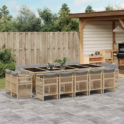 15 Piece Garden Dining Set with Cushions Poly Rattan Glass 14 pcs Mix beige