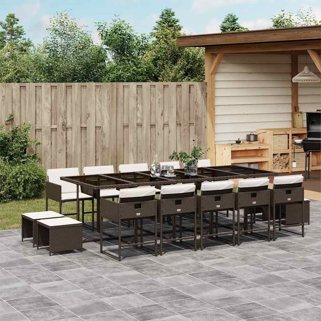 15 Piece Garden Dining Set with Cushions Poly Rattan Glass 14 pcs Brown