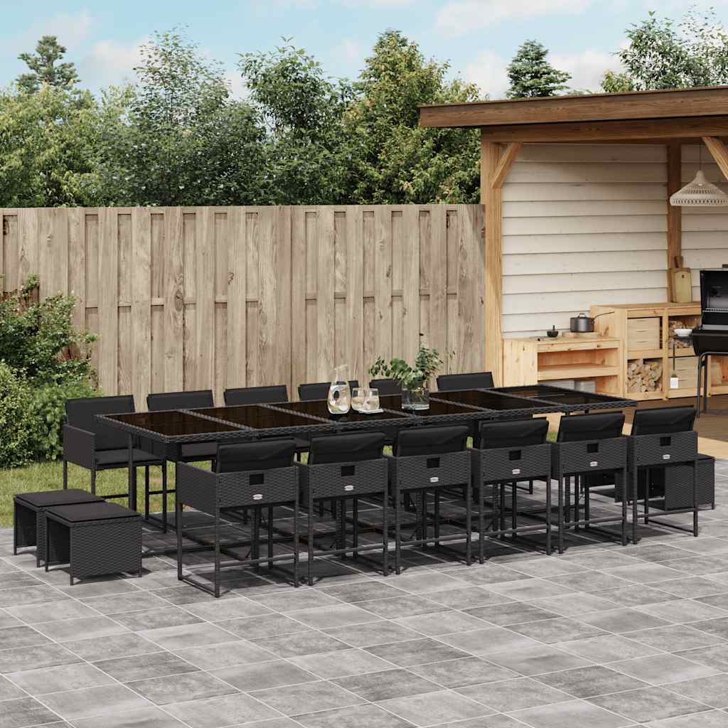 17 Piece Garden Dining Set with Cushions Poly Rattan Glass 16 pcs Black