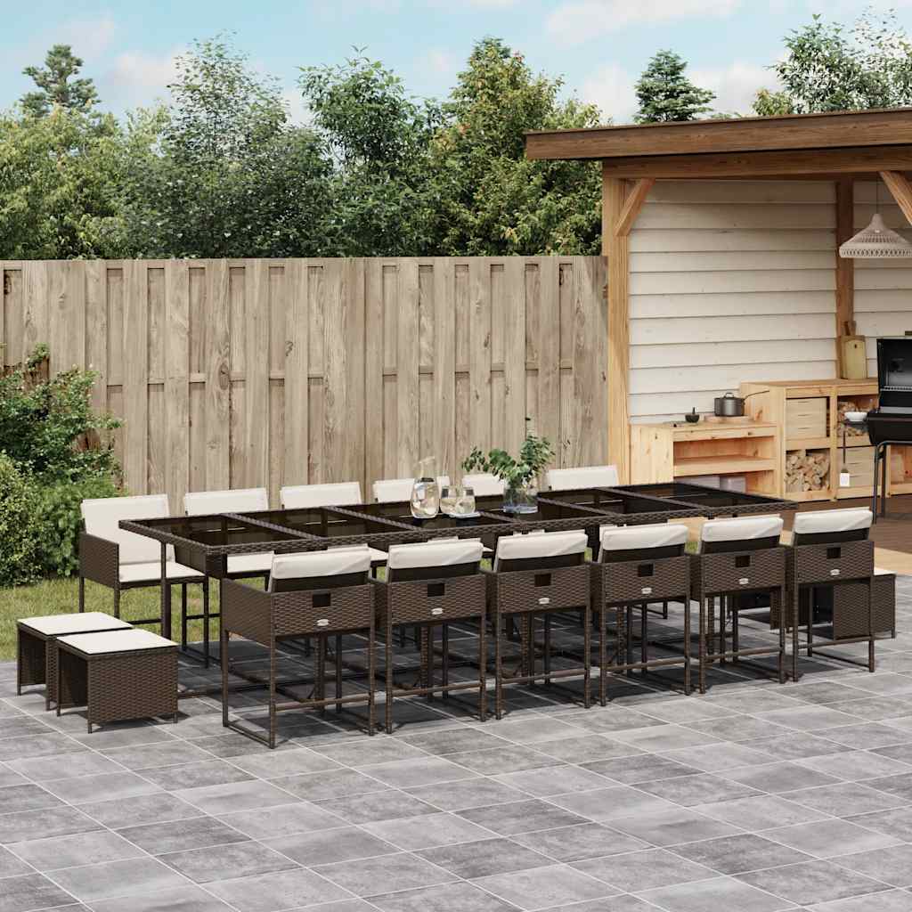 17 Piece Garden Dining Set with Cushions Poly Rattan Glass 16 pcs Brown
