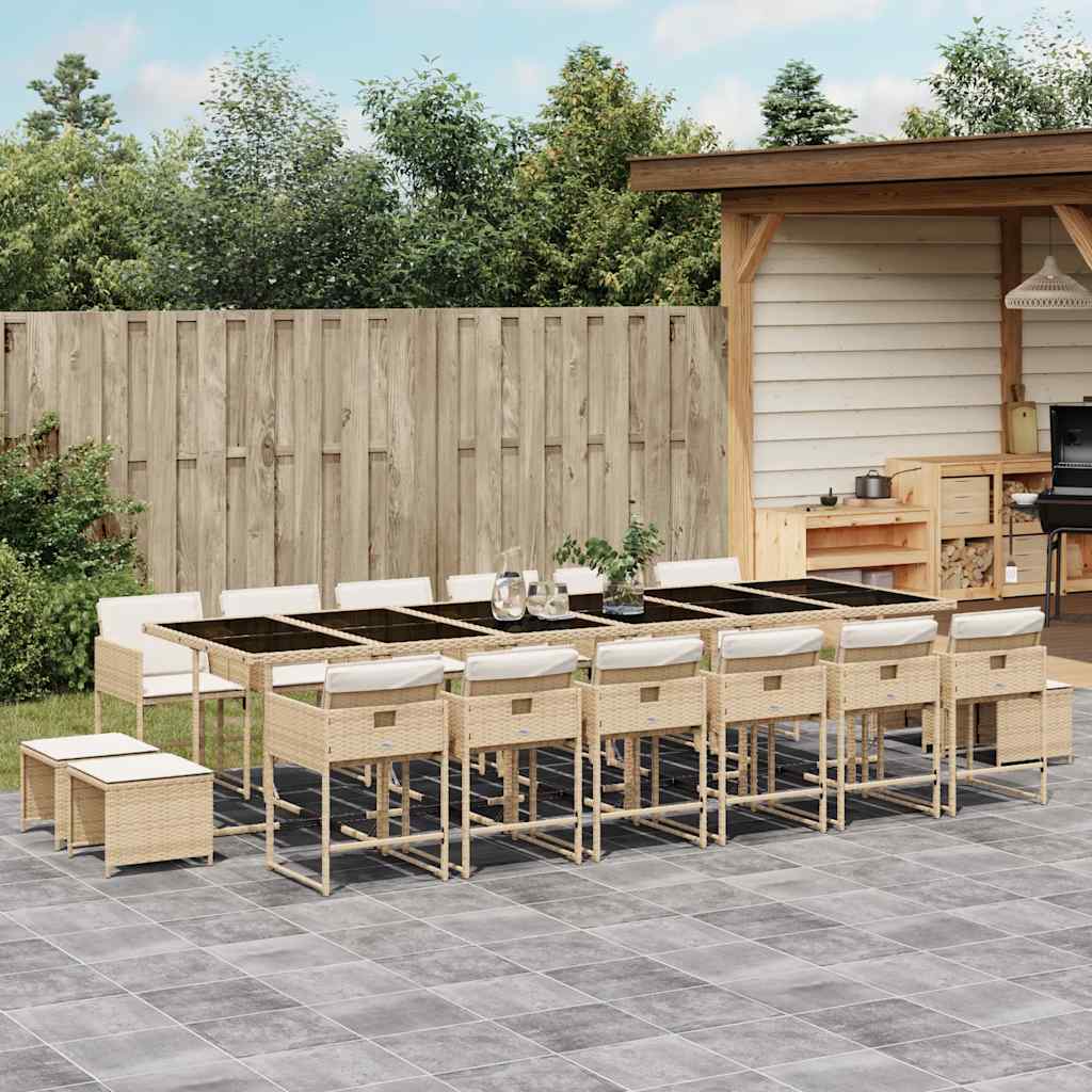 17 Piece Garden Dining Set with Cushions Poly Rattan Glass 16 pcs Beige