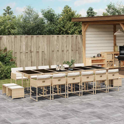 17 Piece Garden Dining Set with Cushions Poly Rattan Glass 16 pcs Beige