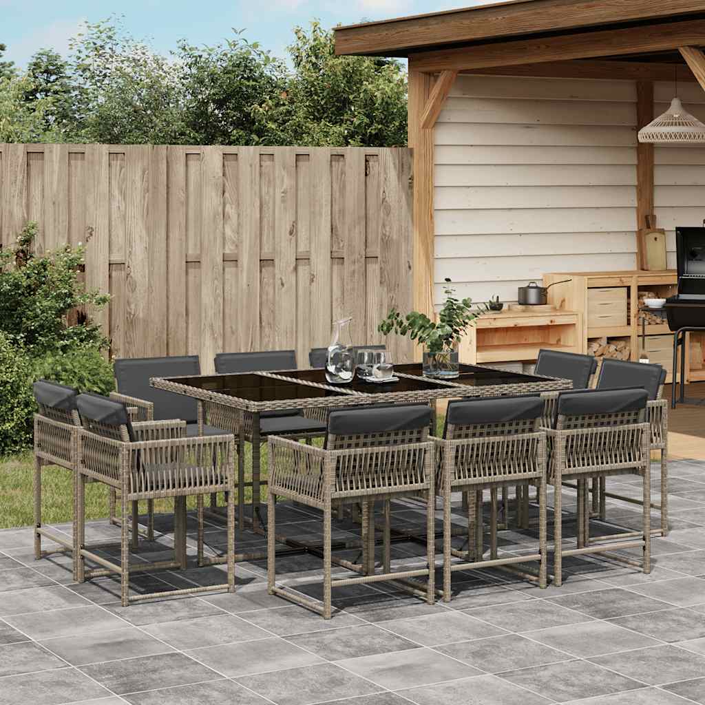 11 Piece Garden Dining Set with Cushions Poly Rattan Glass 10 pcs Grey