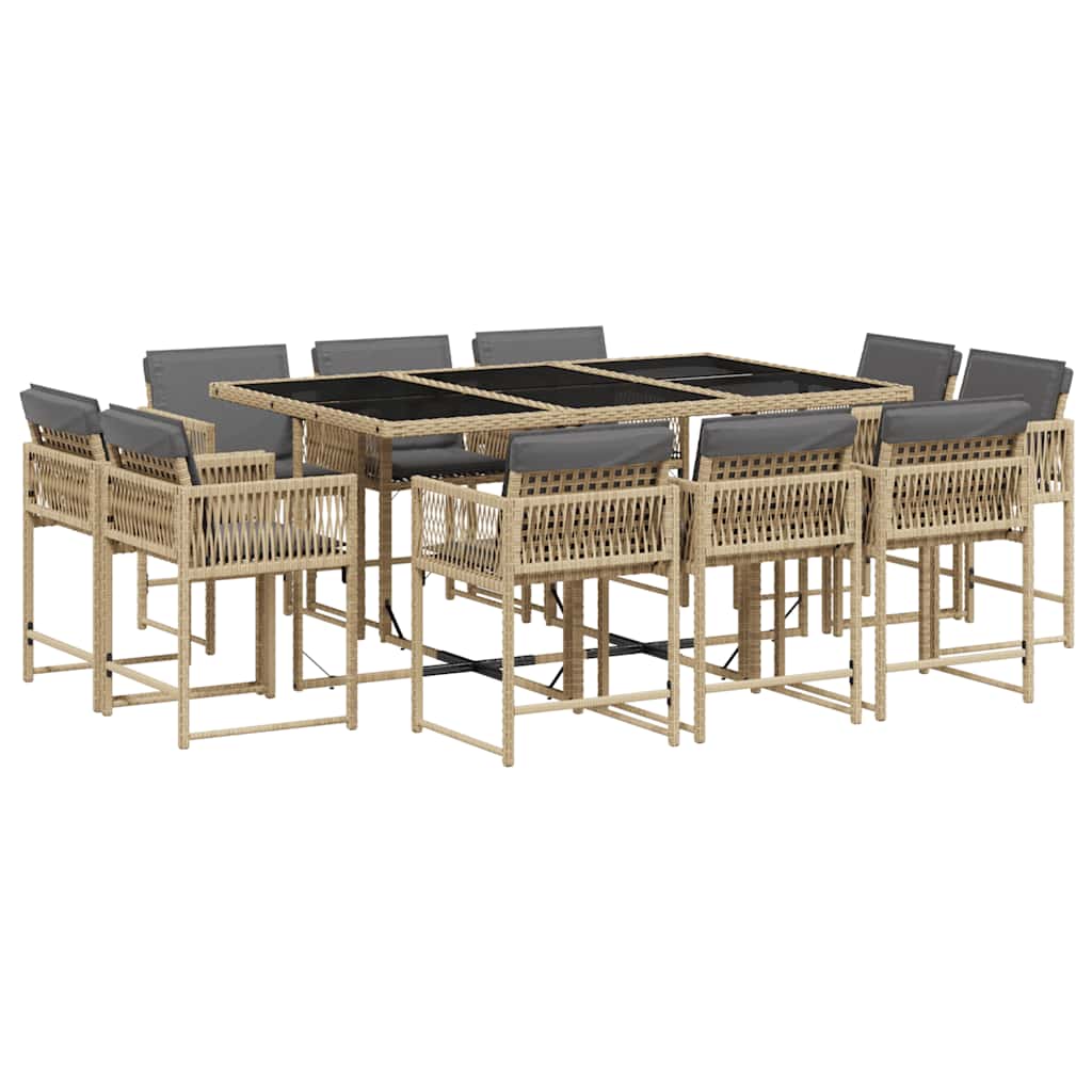 11 Piece Garden Dining Set with Cushions Poly Rattan Glass 10 pcs Mix beige