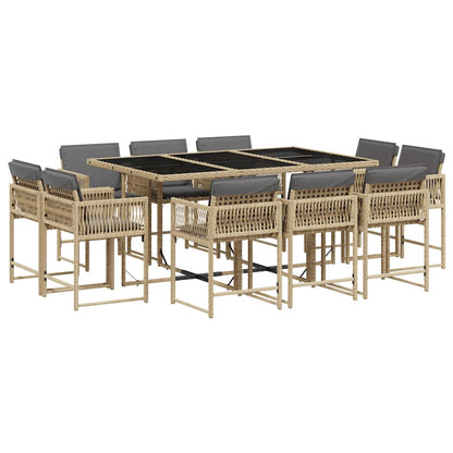 11 Piece Garden Dining Set with Cushions Poly Rattan Glass 10 pcs Mix beige