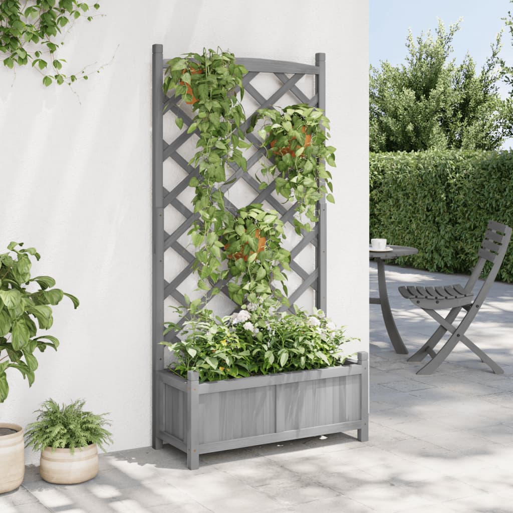 vidaXL Planter with Trellis Grey 75 x 35 x 150 cm Solid Wood Fir 3