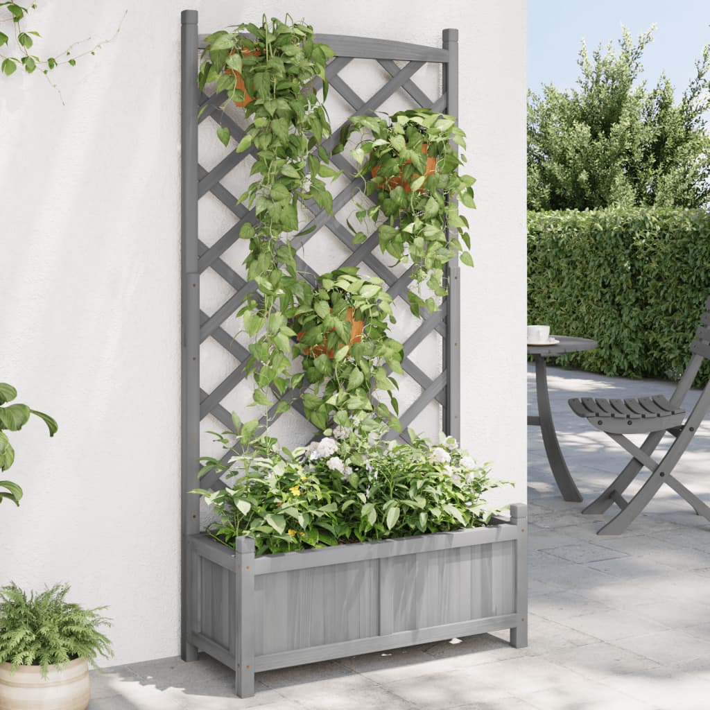 vidaXL Planter with Trellis Grey 75 x 35 x 150 cm Solid Wood Fir 1
