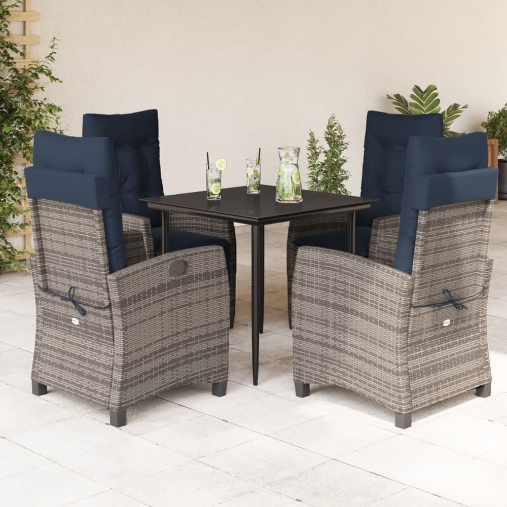 5 Piece Garden Dining Set with Cushions Grey Poly Rattan with footrest 4