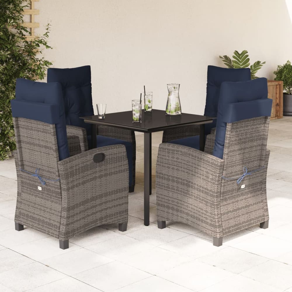 5 Piece Garden Dining Set with Cushions Grey Poly Rattan 80 cm table length Round leg 4