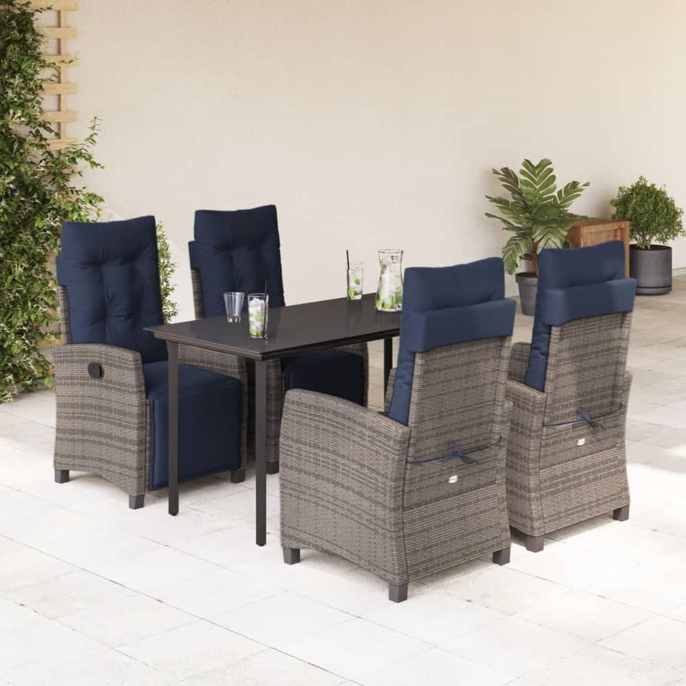5 Piece Garden Dining Set with Cushions Grey Poly Rattan 140 cm table length Round leg 4