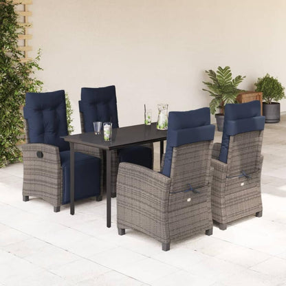 5 Piece Garden Dining Set with Cushions Grey Poly Rattan 140 cm table length Round leg 4