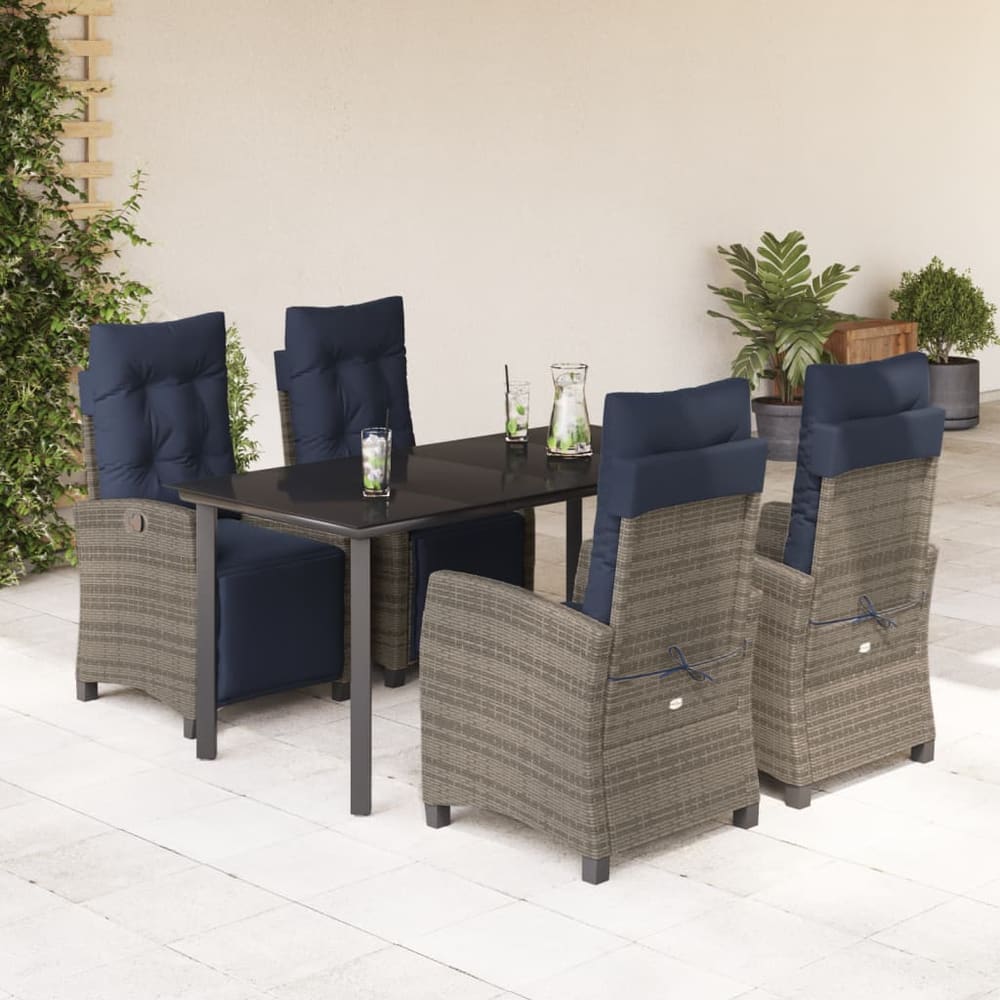 5 Piece Garden Dining Set with Cushions Grey Poly Rattan 160 cm table length Round leg 4