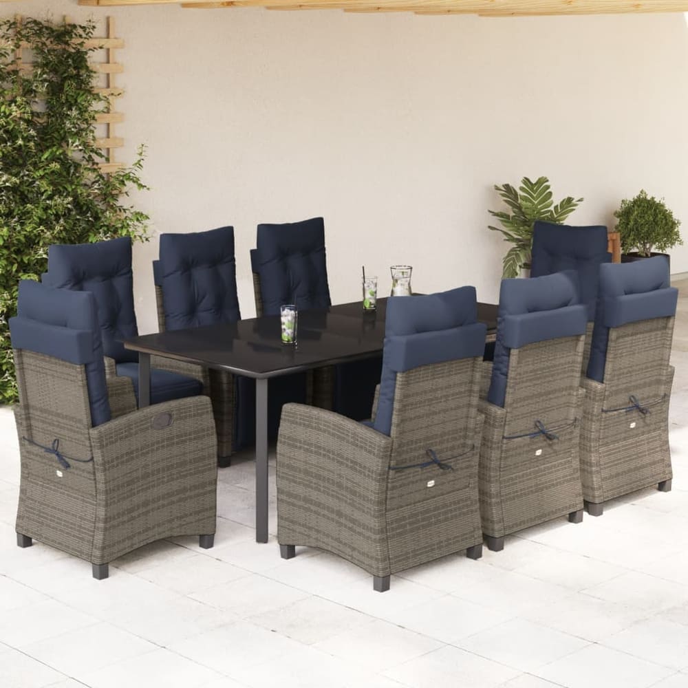 5 Piece Garden Dining Set with Cushions Grey Poly Rattan 200 cm table length Round leg 8
