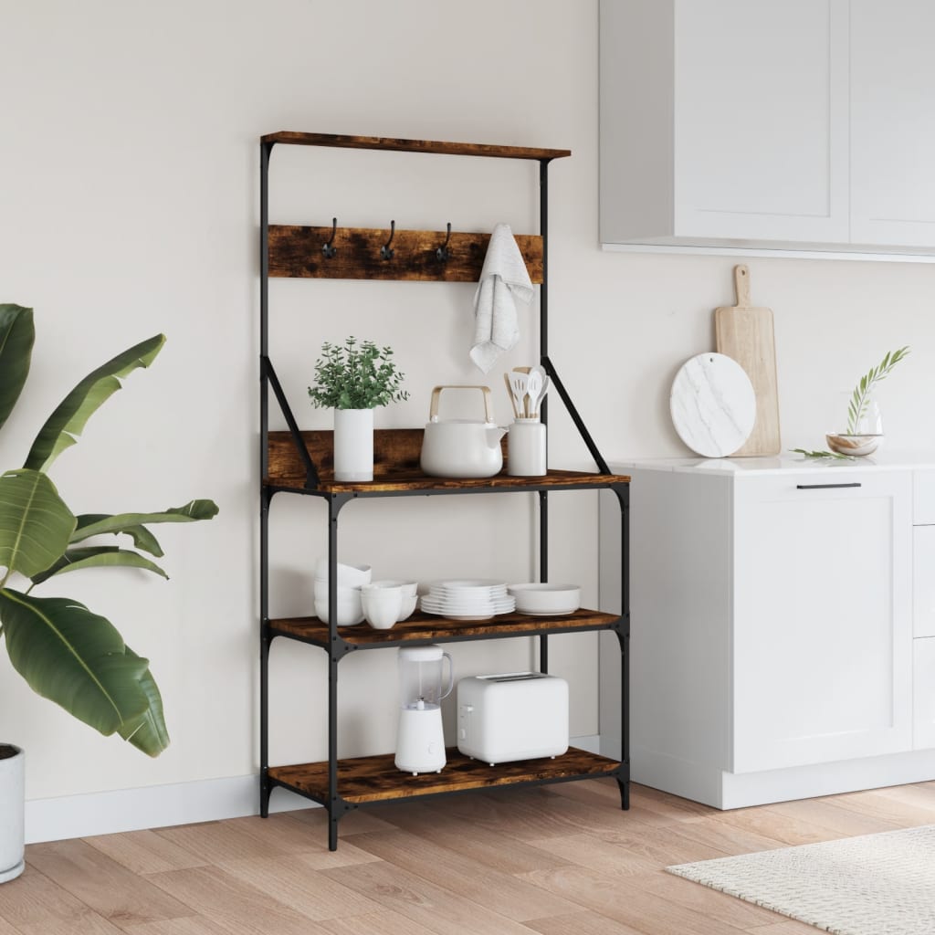 vidaXL Baker's Rack with Hooks 4-Tier Smoked Oak Engineered Wood 3