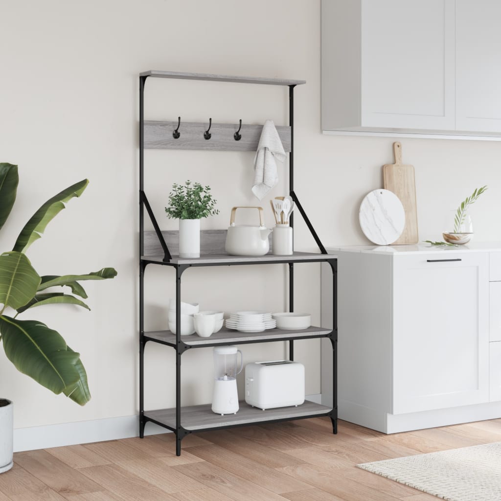 vidaXL Baker's Rack with Hooks 4-Tier Grey Sonoma Engineered Wood 3