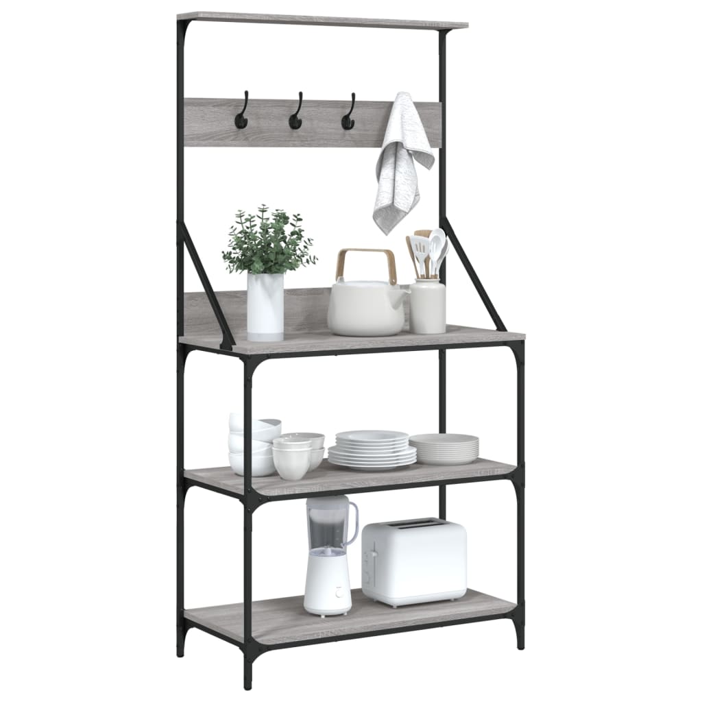 vidaXL Baker's Rack with Hooks 4-Tier Grey Sonoma Engineered Wood 4