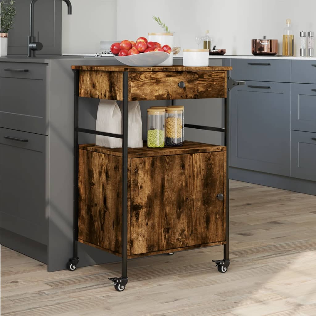 vidaXL Kitchen Trolley Smoked Oak 56x43x89.5 cm Engineered Wood 4