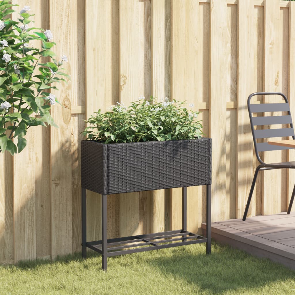 vidaXL Garden Planter with Shelf Black Poly Rattan 3