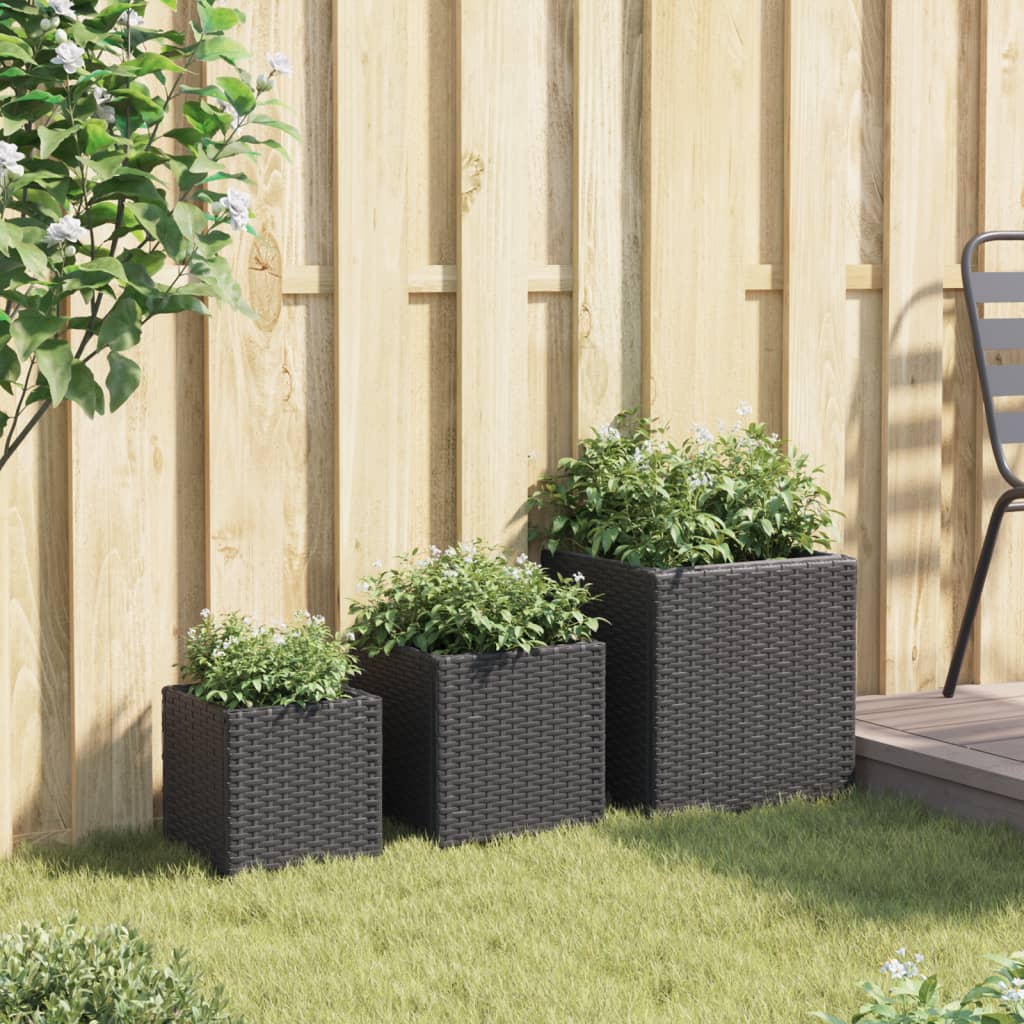 vidaXL Garden Planters 3 pcs Black Poly Rattan 3