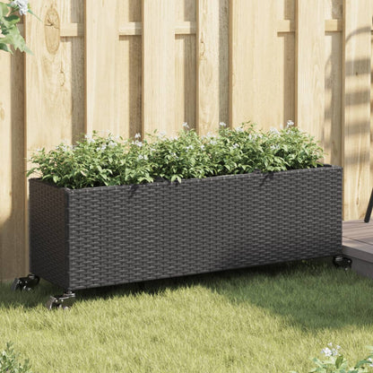 vidaXL Garden Planter with Wheels and 3 Pots Black 107x32x38 cm Poly Rattan 1