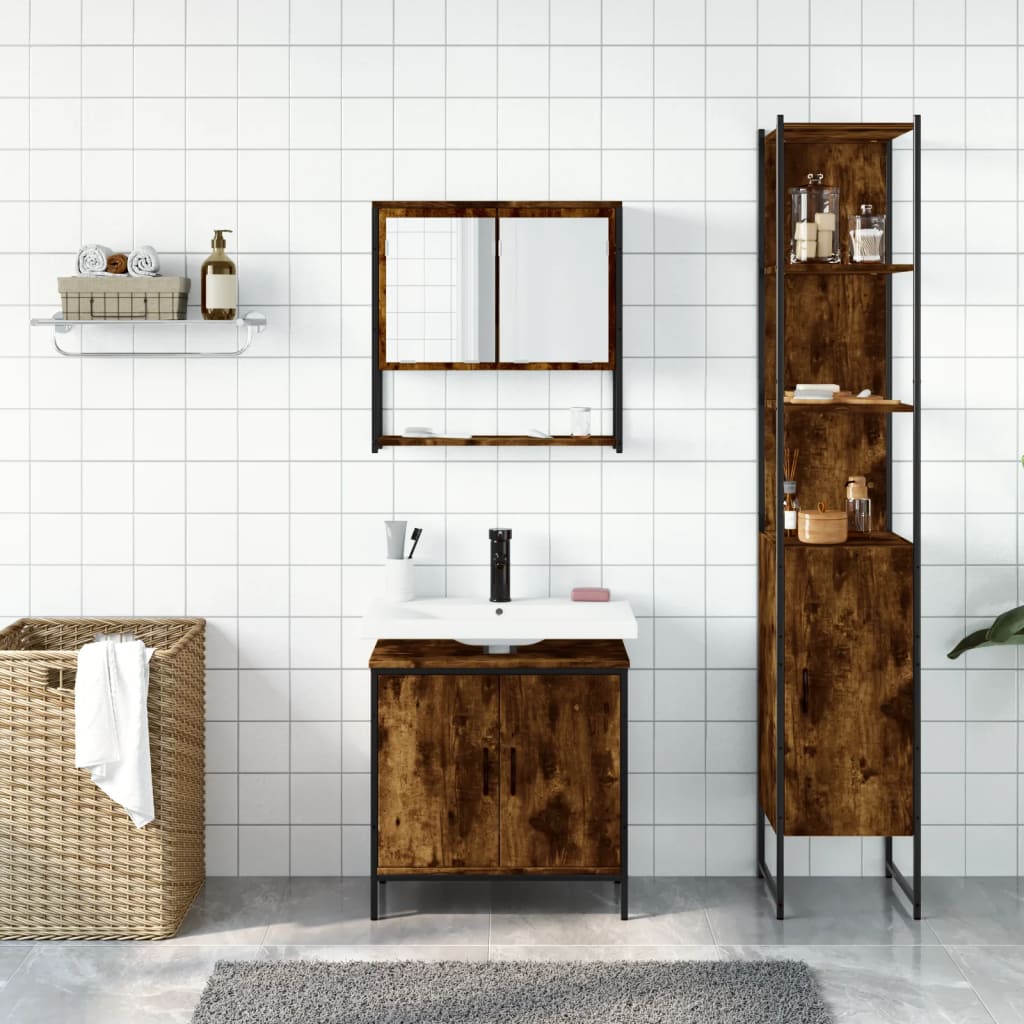 3 Piece Bathroom Furniture Set Engineered Wood Smoked oak