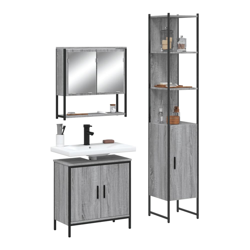 3 Piece Bathroom Furniture Set Engineered Wood Grey sonoma