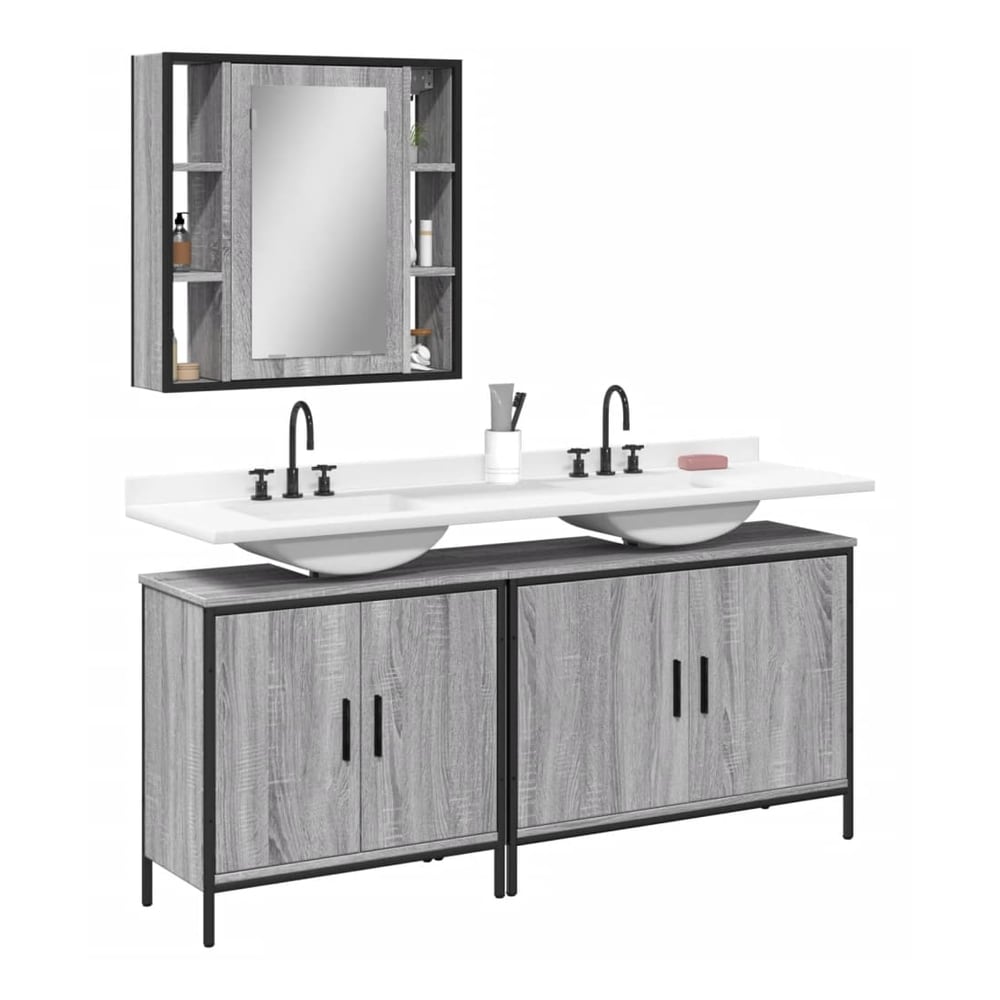 3 Piece Bathroom Cabinet Set Engineered Wood Grey sonoma