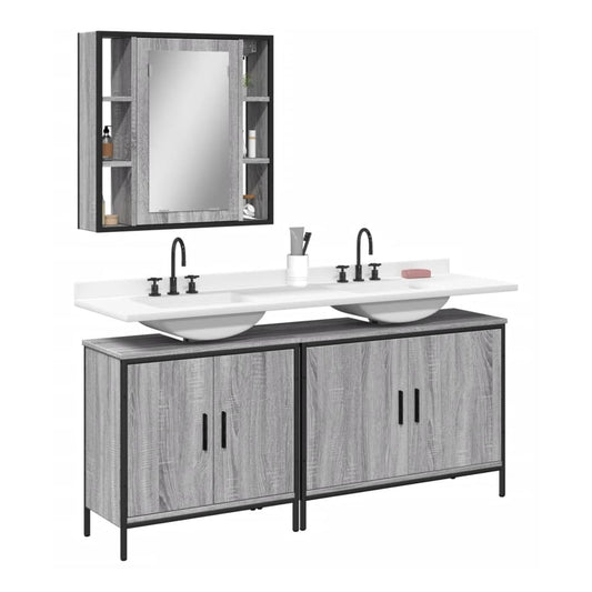 3 Piece Bathroom Cabinet Set Engineered Wood Grey sonoma