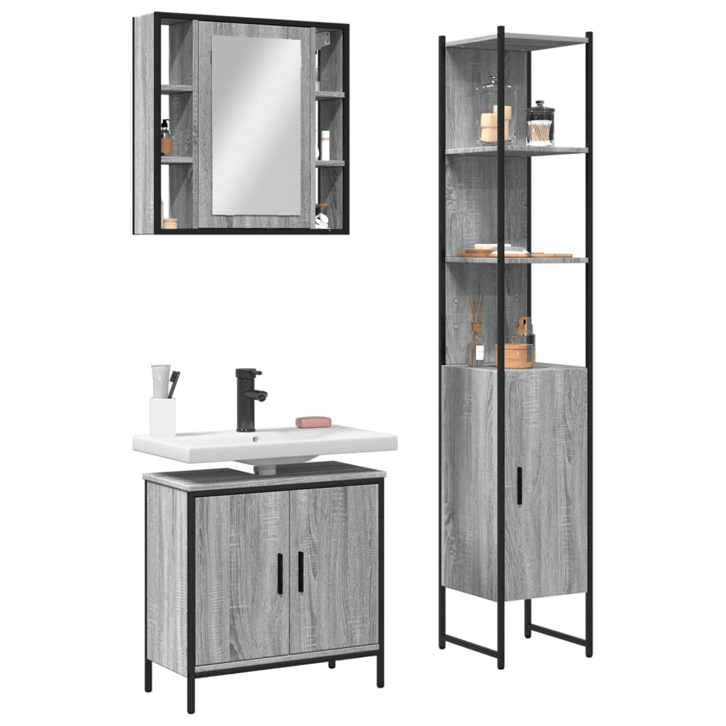 3 Piece Bathroom Cabinet Set Engineered Wood Grey sonoma