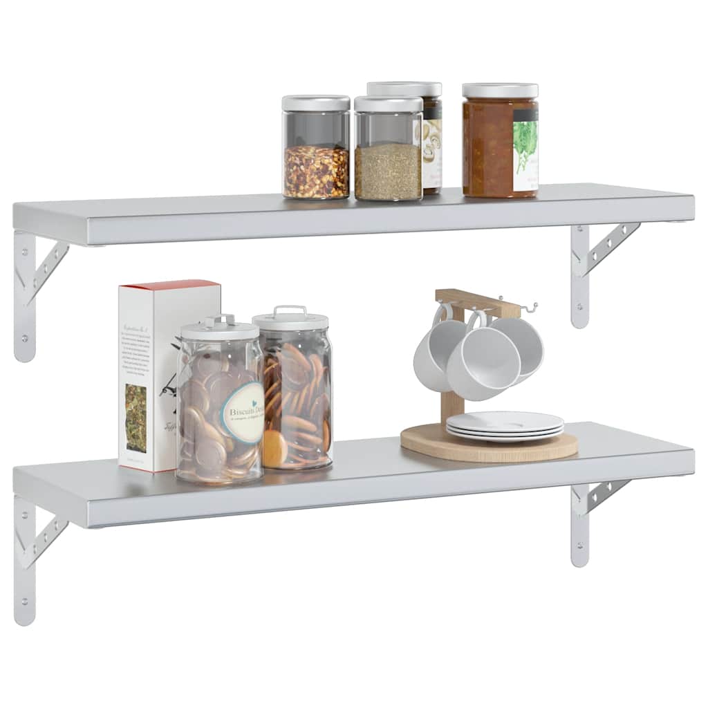 vidaXL Wall Shelves 2 pcs 75x23.5 cm Silver Stainless Steel 4