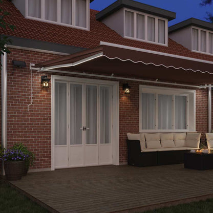 Manual Awning with Solar LED 6 x 3 m 100% Polyester with White Frame Drop 300 cm Width 600 cm Brown