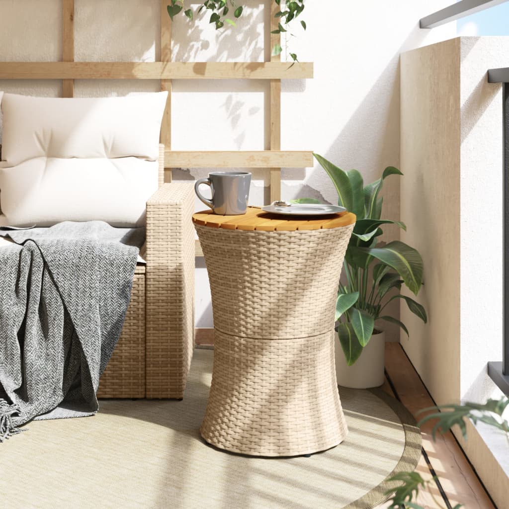 vidaXL Garden Side Table Drum Shape Beige Poly Rattan and Solid Wood 3