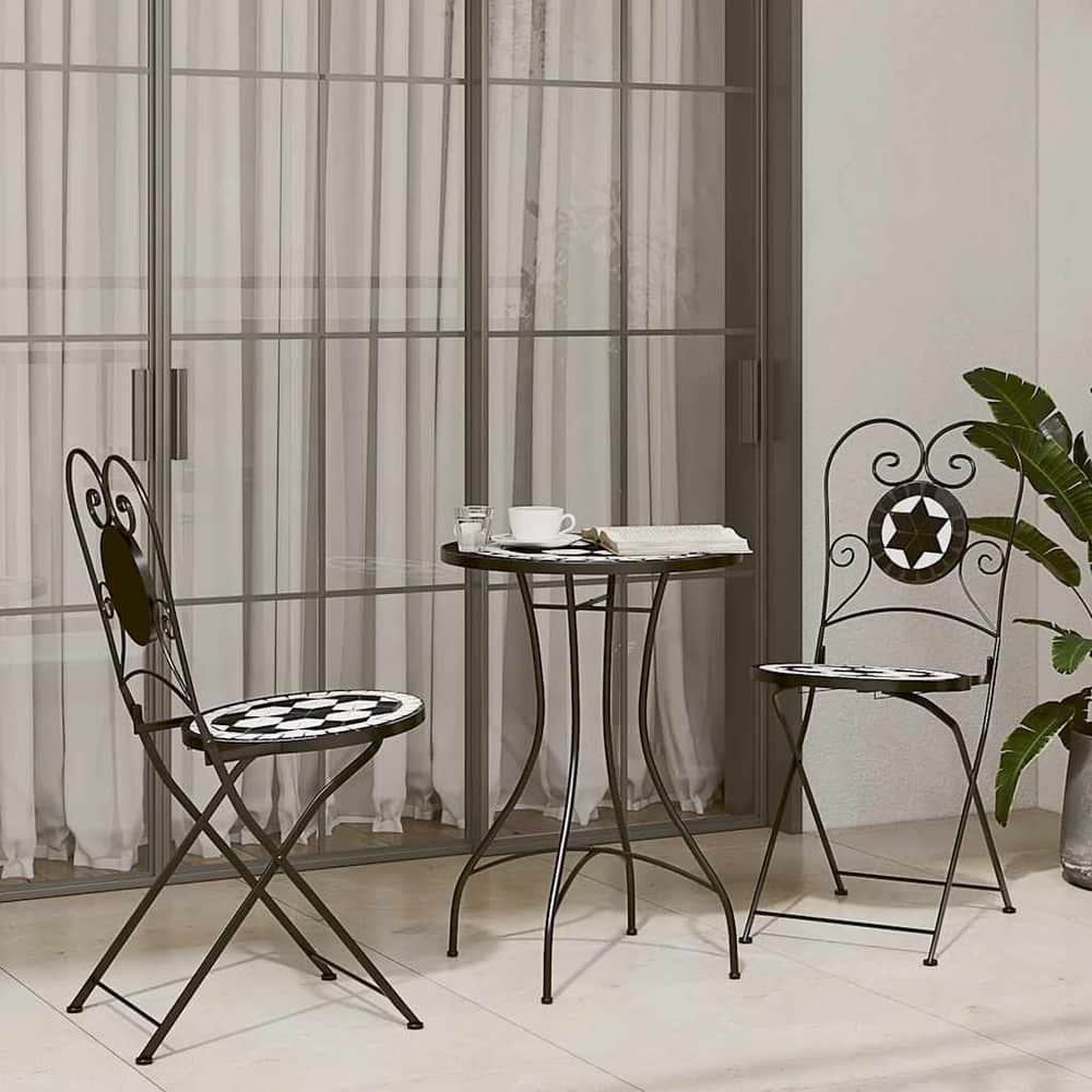 3 Piece Bistro Set Ceramic Tile Black and white Round table