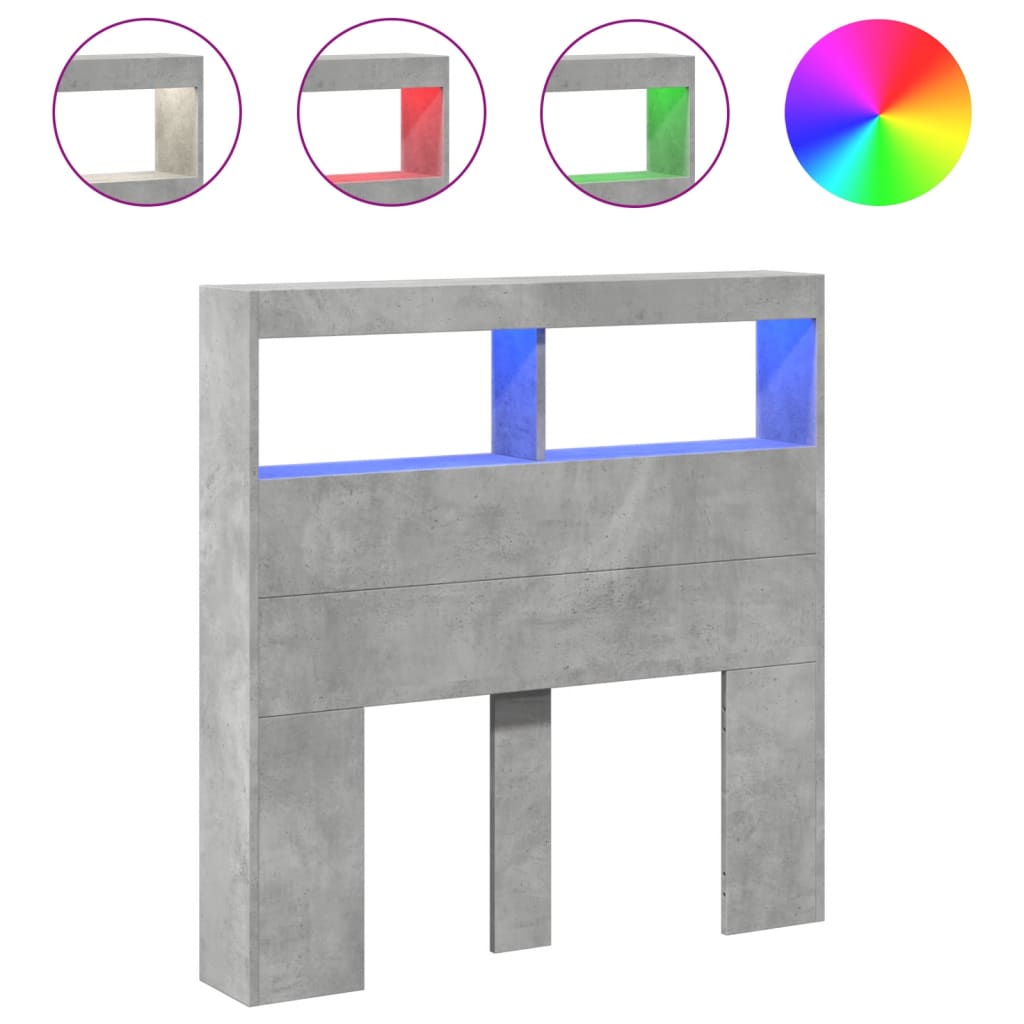 vidaXL Headboard Cabinet with LED Concrete Grey 100x17x102 cm 2