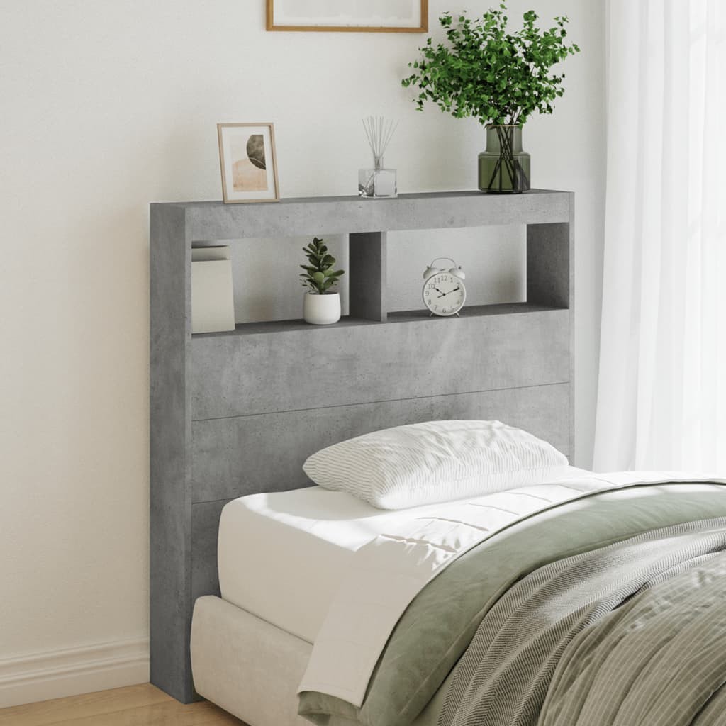 vidaXL Headboard Cabinet with LED Concrete Grey 100x17x102 cm 1